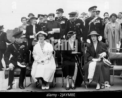 Duchess of Kent at Sandhurst -- At the Royal Militery Academy, Sandhurst, The Duchess of Kent (second from left) and Princess Alexandra (right) watch the march past during the Sovereign's Parade. August 05, 1954. (Photo by United Press Photo) Stock Photo