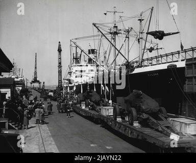 The guns being loaded aboard the Exilona. Several of the rail road flatcars which brought the equipment to the dockside are in the foreground. Another shipment of military equipment transferred to a North Atlantic Treaty signatory nation under the United States $1,000,000,000 mutual Defense Assistance Program, left New York City recently for Italy. The shipment, consisting mainly of 155-millimeter howitzers and 57-millimeter field pieces, was loaded aboard the American Export liner Exilona at the Brooklyn Army Base. May 16, 1950. (Photo by Unted States Information Service). Stock Photo