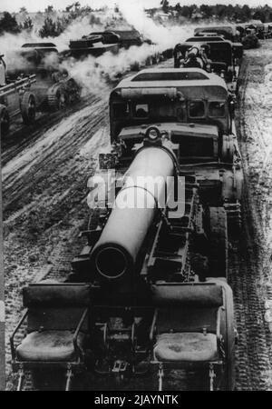 Intense military activity is taking place throughout Poland. This picture, taken on secret manoeuvres 'somewhere in Poland', shows a section of mechanized heavy artillery on the Move. June 30, 1939. (Photo by Associated Press). Stock Photo