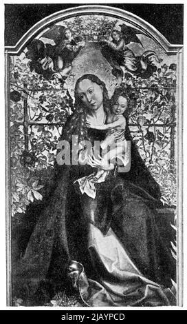 Madonna in the Rose Garden by a German painter and Alsatian engraver Martin Schongauer. Publication of the book 'Meyers Konversations-Lexikon', Volume 2, Leipzig, Germany, 1910 Stock Photo