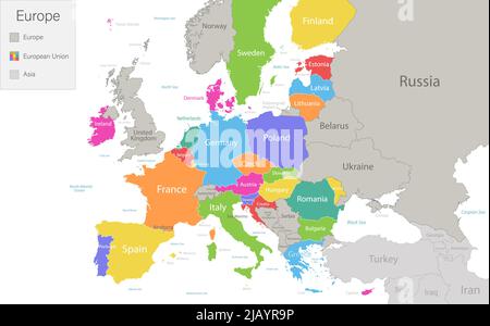 Europe with European Union and parts of Asia, multicolored map isolated on white background vector Stock Vector