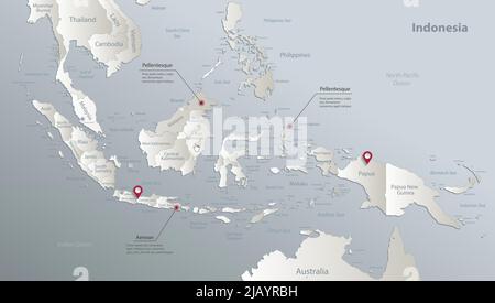 Indonesia map, administrative division, separates regions and names, blue white card paper 3D vector Stock Vector