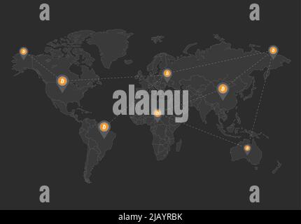 World map, bitcoin network and location pointer, design dark blackboard background vector Stock Vector