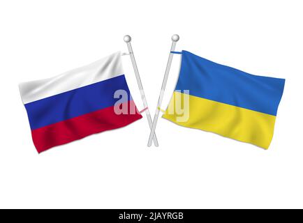 Russia and Ukraine flag waves on a flagpole, white background vector Stock Vector