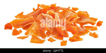 Dry carrot flakes isolated on white background, full depth of field Stock Photo
