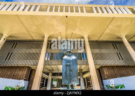 Entrance Seal Father Damien Statue State Capitol Building Legislature Honolulu Hawaii Buidling created 1960s Damien Catholic saint statue created Mari Stock Photo