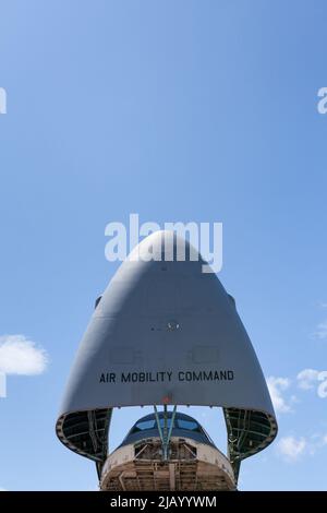 The nose cone of a  Lockheed Martin C-5M Super Galaxy with the 312th Airlift Squadron of the United States Air Force reserve, lifted above the cockpit Stock Photo