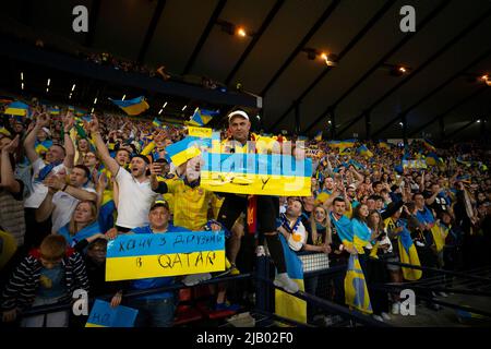 1st June 2022; Hampden Park, Glasgow, Scotland: FIFA World Cup 2022 qualification football, Scotland versus Ukraine: Ukraine fans Stock Photo