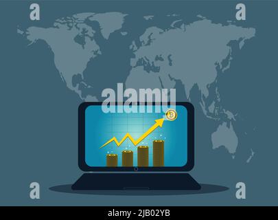 Business laptop concept symbol on-screen. Bitcoin gold icon for rowth chart on background map world,Vector illustration Stock Vector