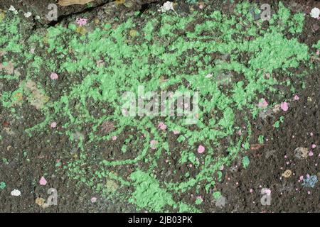Green, Pink and white Paint drops on the ground. Costruction paint. Urban texture backround. Conceptional minimalistic. Stock Photo