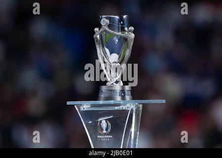 LONDON, UK. JUNE 1ST Finalissima trophy during the Conmebol - UEFA Cup of Champions Finalissima between Italy and Argentina at Wembley Stadium, London on Wednesday 1st June 2022. (Credit: Federico Maranesi | MI News) Credit: MI News & Sport /Alamy Live News Stock Photo