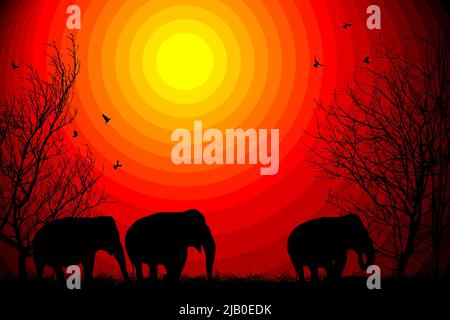 Elephants and trees silhouettes on a African sunset background, vector illustration Stock Vector