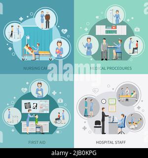 Nurse health care 2x2 design concept set of hospital staff providing first aid and performing medical procedures flat vector illustration Stock Vector