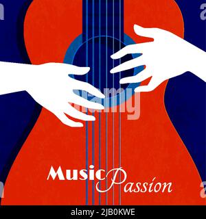 Music passion poster with red guitar silhouette on blue background and male hands on strings flat vector illustration Stock Vector