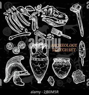 Archeology chalkboard sketch set of ancient ceramic pitchers knight helmet animal bones vector illustration Stock Vector