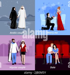 Happy couples spending time together in romantic atmosphere 2x2 flat icons set isolated vector illustration Stock Vector