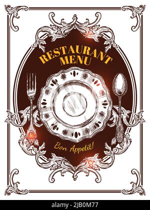 Restaurant menu hand drawn vintage cover with elements of serving and wishes for good appetite vector illustration Stock Vector