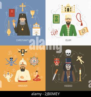 Christianity islam and hinduism religious concept and alternative voodoo ritual symbols 4 flat icons square isolated vector illustration Stock Vector