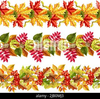Seamless borders with bright autumn leaves chestnuts and rowan on white background flat vector illustration Stock Vector