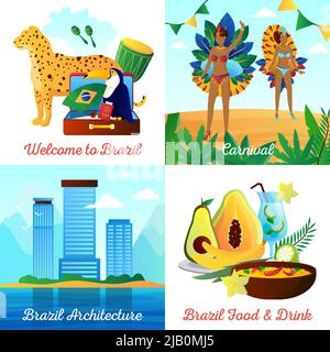 Brazil cultural travel 4 flat icons square composition with landmarks food drinks and national symbols isolated vector illustration Stock Vector