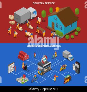 Warehouse and logistics horizontal isometric banners set with delivery symbols isolated vector illustration Stock Vector