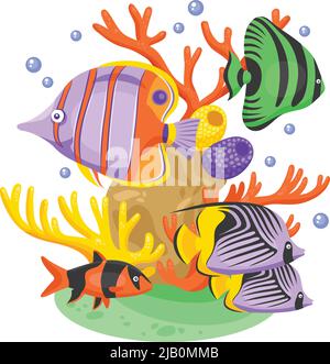 Exotic tropical fish concept with fish and corals flat vector illustration Stock Vector