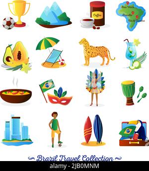 Brazilian culture food and traditions for travelers with country map flat icons collection abstract vector isolated illustration Stock Vector