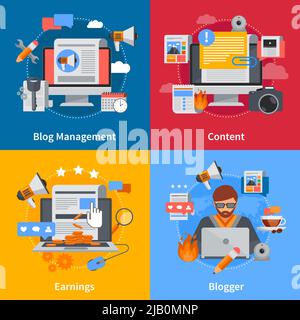 Blogging flat 2x2 icons set with blogger blog management content and earrings on colorful backgrounds isolated vector illustration Stock Vector