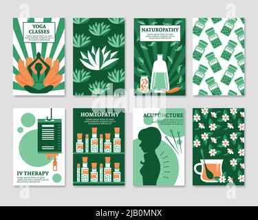 Alternative medicine cards set for yoga studio shop pharmacy relax or spa center flat vector illustration Stock Vector