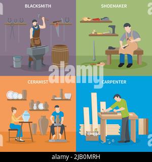 Colorful craftsman flat 2x2 icons set with blacksmith shoemaker ceramist and carpenter at work isolated vector illustration Stock Vector