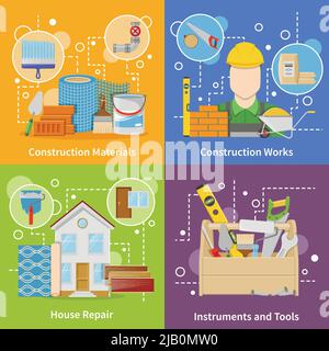 Flat design colorful construction materials 2x2 icons set with instruments and tools for house repair isolated vector illustration Stock Vector