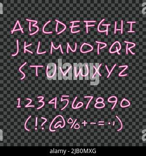 Calligraphy lettering style poster with pink neon hand drawn alphabet ciphers and symbols with  transparent background vector illustration Stock Vector