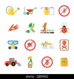 Pesticides and fertilizers icons set with special equipment symbols flat isolated vector illustration Stock Vector