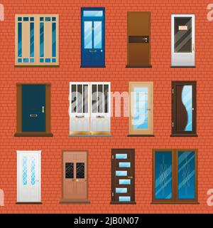 Various type and material closed double and single house doors set on brick wall background flat isolated vector illustration Stock Vector