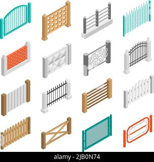 Urban and farmland real estate boundary fences elements from wood brick and concrete isometric set isolated vector illustration Stock Vector