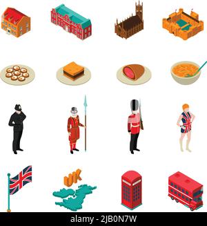 Colorful great britain isometric touristic set with british national cuisine architecture characters and symbols isolated on white background vector i Stock Vector