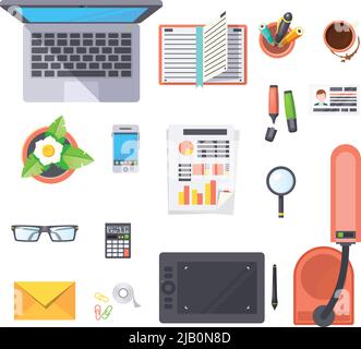 Office workplace top view objects set with laptop lamp and coffee flat isolated vector illustration Stock Vector