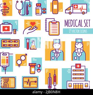 Medical decorative line icons set with hospital building emergency car pills insurance lab tools flat vector illustration Stock Vector