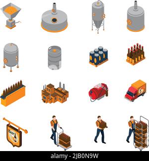 Brewery isometric icons set with beer production and distribution symbols isolated vector illustration Stock Vector