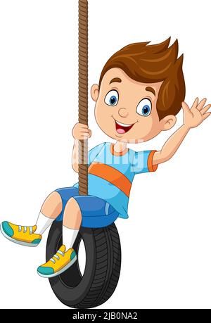 Cartoon little boy playing a tire swing Stock Vector