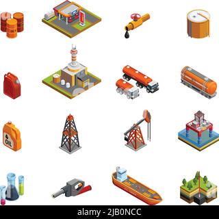 Oil gas industry isometric icons set with offshore platform drilling rig and tanker vessel isolated vector illustration Stock Vector