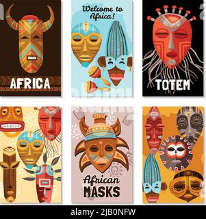 Six flat colorful cards with various african ethnic tribal ritual masks and totems isolated on white background vector illustration Stock Vector