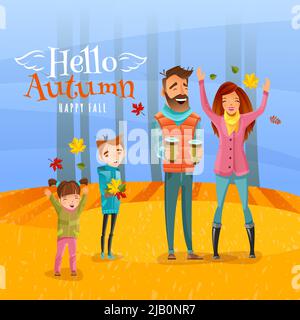 Happy family with children walking in autumn season forest and gathering dry leaves cartoon vector illustration Stock Vector