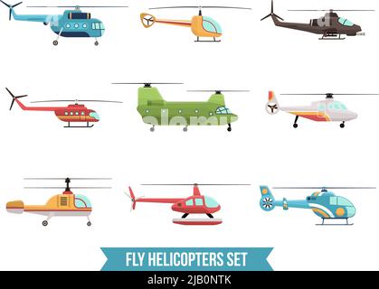 Flat set of different flying colorful helicopters isolated on white background vector illustration Stock Vector