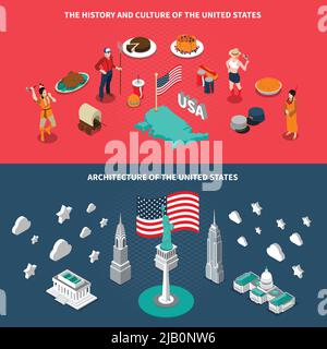 USA landmarks historical sites culture traditions and cuisine for travelers 2 isometric horizontal banners isolated vector illustration Stock Vector
