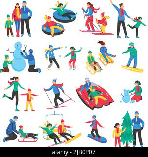 Family winter sports icons set with adults and  children skiing skating making snowman flat isolated vector illustration Stock Vector