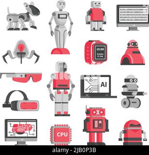 Artificial intelligence flat decorative icons set of robotic models and virtual reality headset isolated vector illustration Stock Vector