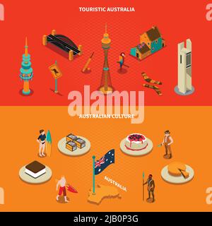 Australian culture landmarks and famous sights for tourists 2 isometric horizontal banners with dessert dishes isolated vector illustration Stock Vector