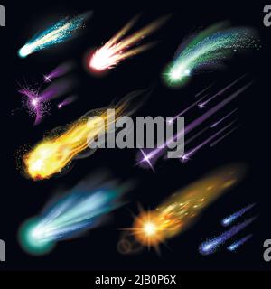 Light effects set with colorful meteors fireballs and comets isolated on black background vector illustration Stock Vector