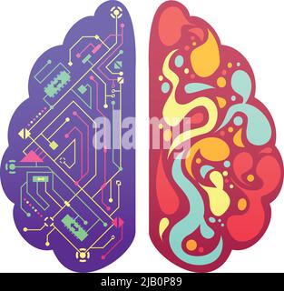 Left and right human brain cerebral hemispheres pictorial symbolic colorful figure with flowchart and activity zones vector illustration Stock Vector